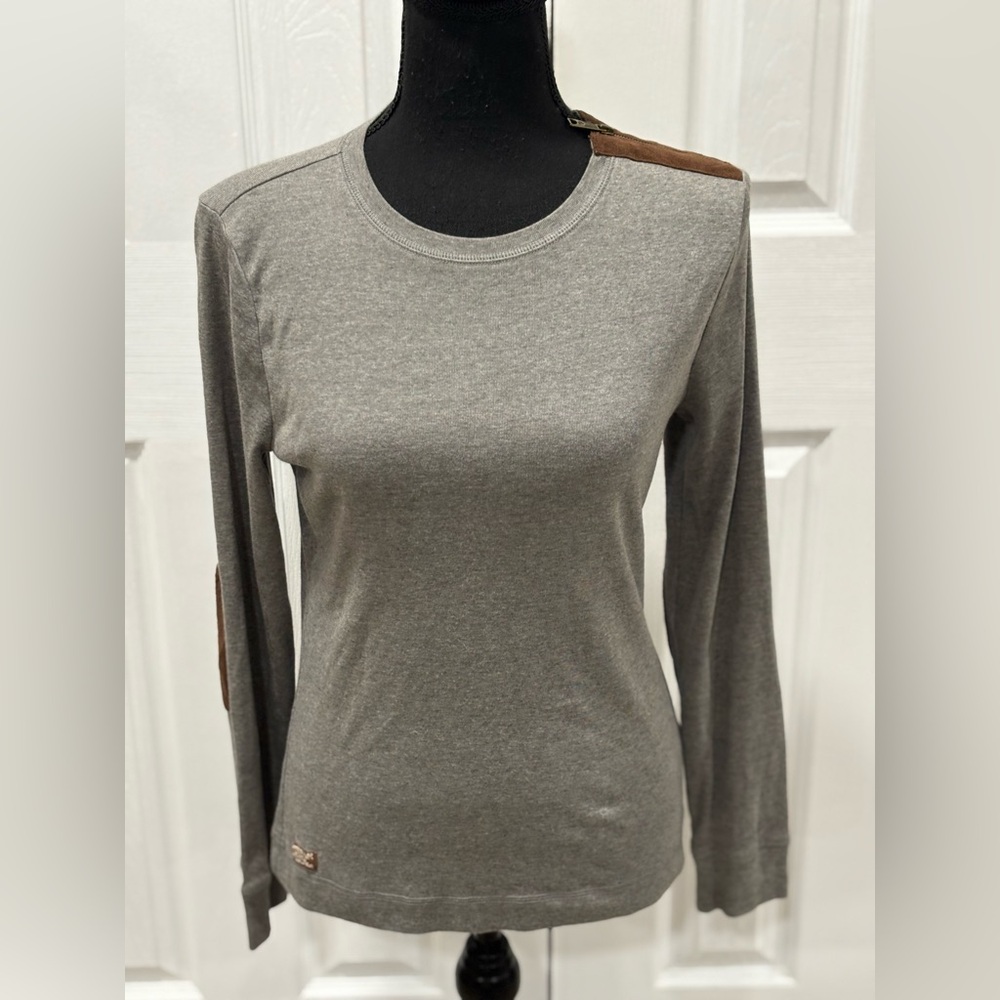 Ralph Lauren Gray  Long Sleeve Top with suede zipper and patch detail size L